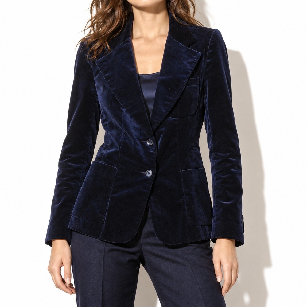 70s Vintage Blue Velvet Blazer Womens S Dark Navy Cotton 2 Button Tailored Fit